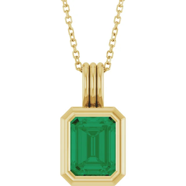 Emerald Center Open Sides Bezel Set Pendant and Necklace