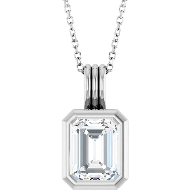 Emerald Center Open Sides Bezel Set Pendant and Necklace