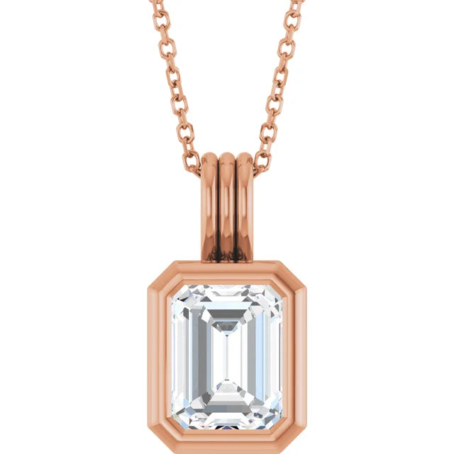 Emerald Center Open Sides Bezel Set Pendant and Necklace