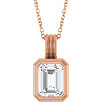 Emerald Center Open Sides Bezel Set Pendant and Necklace