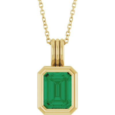 Emerald Center Open Sides Bezel Set Pendant and Necklace