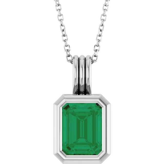 Emerald Center Open Sides Bezel Set Pendant and Necklace