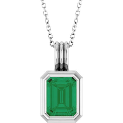 Emerald Center Open Sides Bezel Set Pendant and Necklace