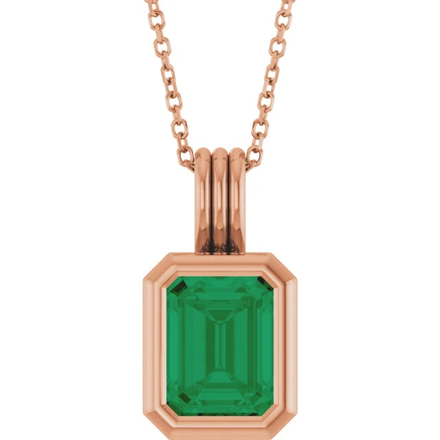 Emerald Center Open Sides Bezel Set Pendant and Necklace