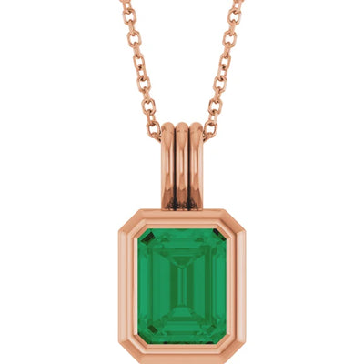 Emerald Center Open Sides Bezel Set Pendant and Necklace