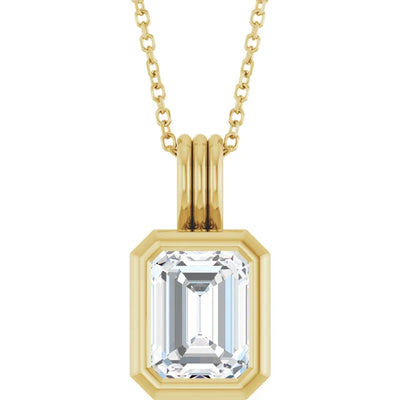 Emerald Center Open Sides Bezel Set Pendant and Necklace