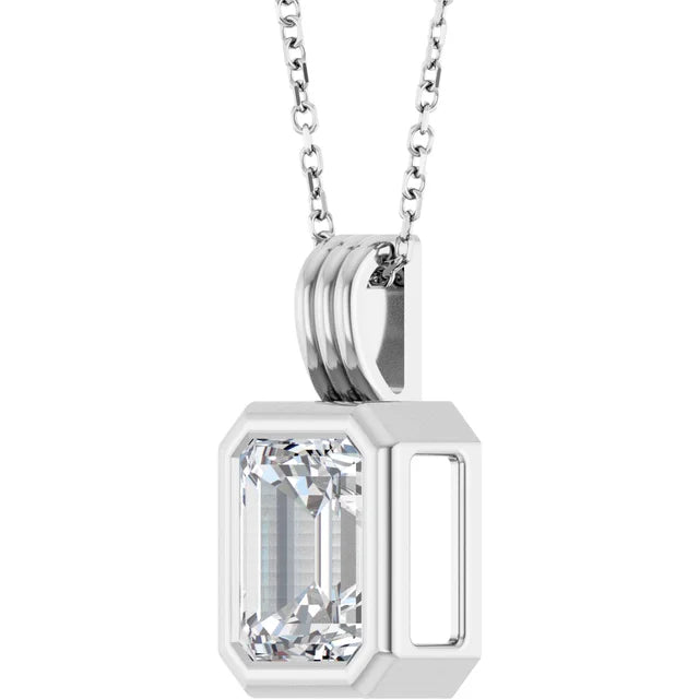 Emerald Center Open Sides Bezel Set Pendant and Necklace