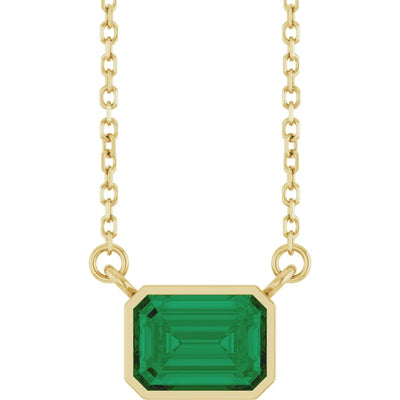 Emerald Center East West Bezel Set Pendant and Necklace