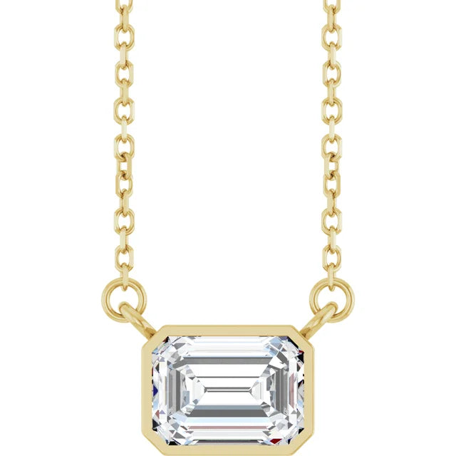 Emerald Center East West Bezel Set Pendant and Necklace