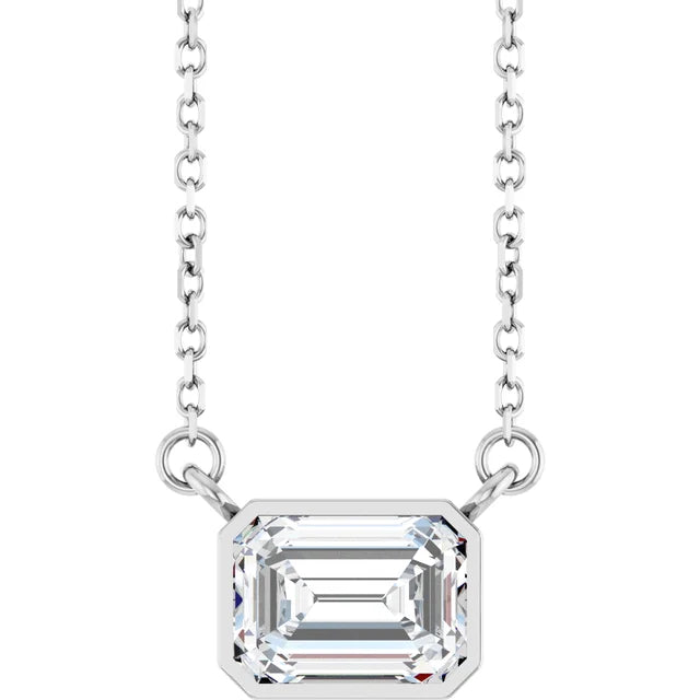 Emerald Center East West Bezel Set Pendant and Necklace