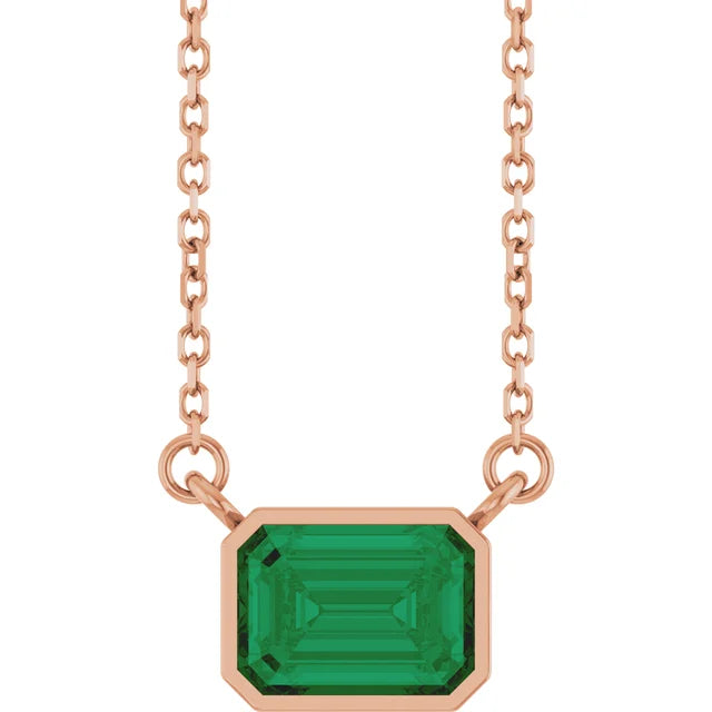 Emerald Center East West Bezel Set Pendant and Necklace