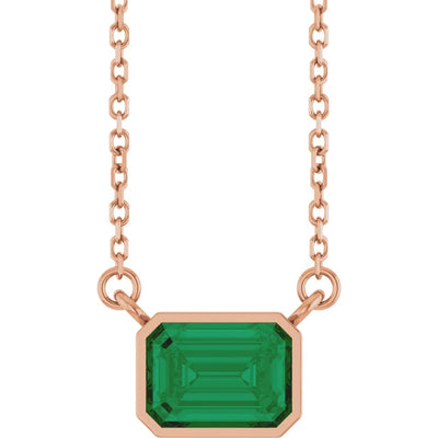 Emerald Center East West Bezel Set Pendant and Necklace