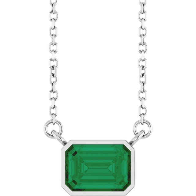 Emerald Center East West Bezel Set Pendant and Necklace