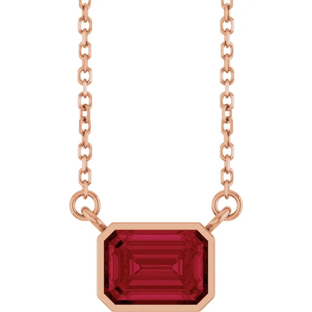 Emerald Center East West Bezel Set Pendant and Necklace