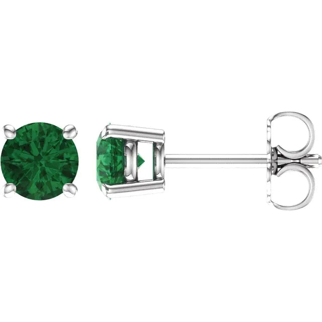 Timeless 5mm Round Lab Grown Green Emerald 14K White Gold 4 Prong Earrings