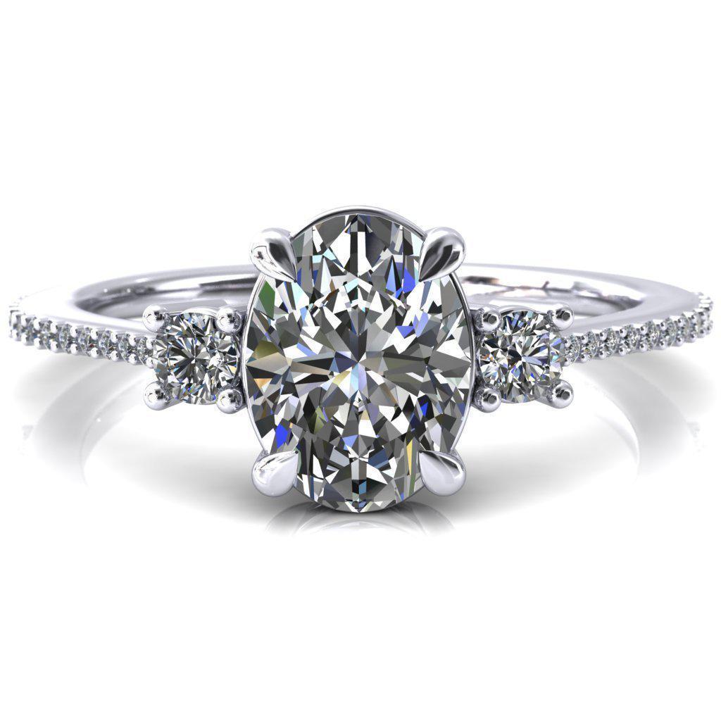 Bonnie 12x10mm or 5 Cts. DEW Crushed Ice Oval Moissanite Center Stone 4 Claw Prong 2 Rail Basket Round Sidestones Inverted Cathedral Diamond Accent Engagement 950 Platinum Ring