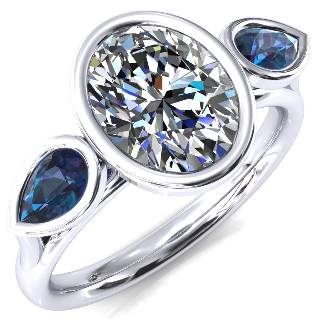 Ocean Oval Center with Pear Lab Grown Colored Gems 3 Stone Ring