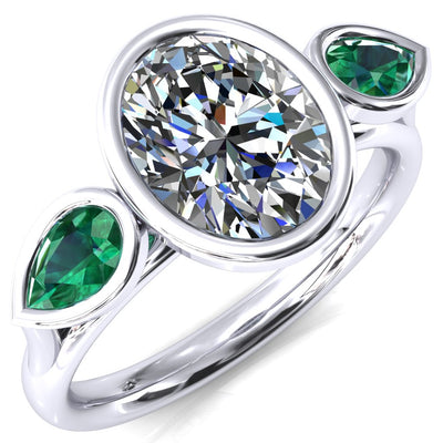 Ocean Oval Center with Pear Lab Grown Colored Gems 3 Stone Ring