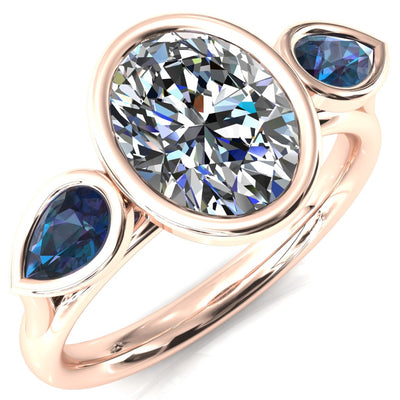 Ocean Oval Center with Pear Lab Grown Colored Gems 3 Stone Ring