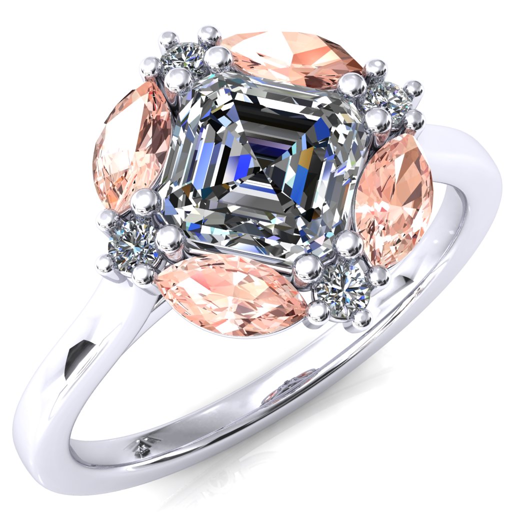 Jace Asscher Center with Colored Stone Marquise & Round Floating Cluster Halo Royale Ring