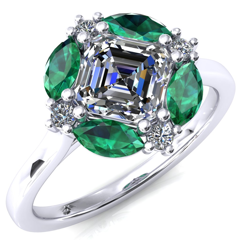 Jace Asscher Center with Colored Stone Marquise & Round Floating Cluster Halo Royale Ring