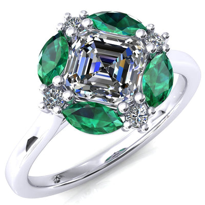 Jace Asscher Center with Colored Stone Marquise & Round Floating Cluster Halo Royale Ring