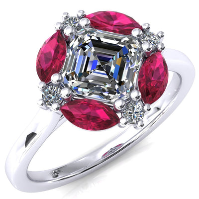 Jace Asscher Center with Colored Stone Marquise & Round Floating Cluster Halo Royale Ring