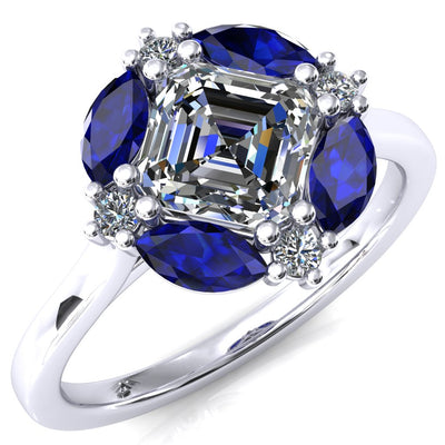 Jace Asscher Center with Colored Stone Marquise & Round Floating Cluster Halo Royale Ring