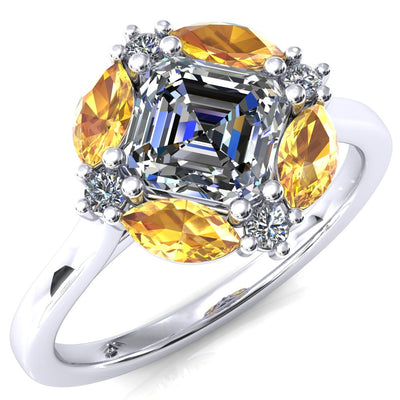 Jace Asscher Center with Colored Stone Marquise & Round Floating Cluster Halo Royale Ring