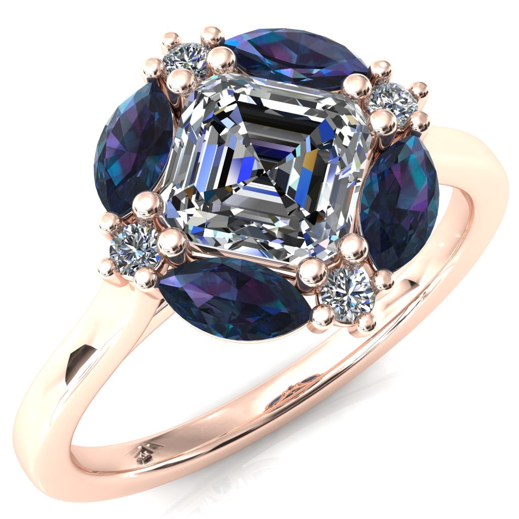 Jace Asscher Center with Colored Stone Marquise & Round Floating Cluster Halo Royale Ring