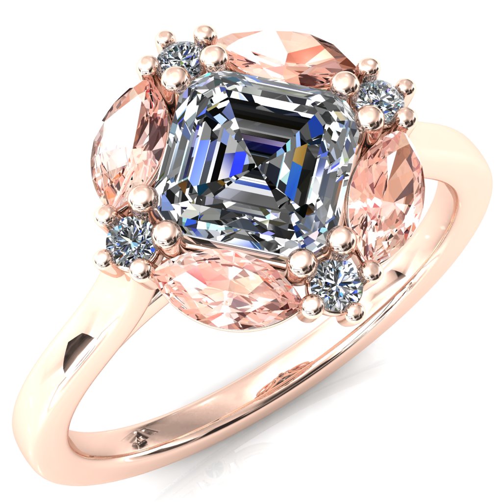 Jace Asscher Center with Colored Stone Marquise & Round Floating Cluster Halo Royale Ring