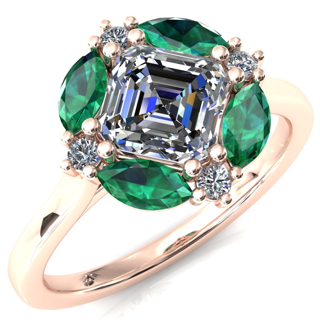 Jace Asscher Center with Colored Stone Marquise & Round Floating Cluster Halo Royale Ring