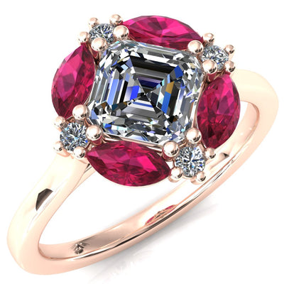 Jace Asscher Center with Colored Stone Marquise & Round Floating Cluster Halo Royale Ring