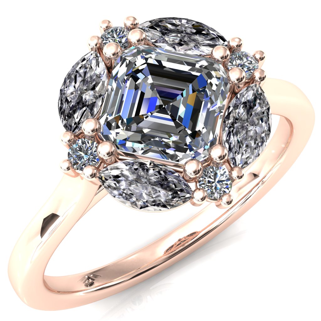 Jace Asscher Center with Colored Stone Marquise & Round Floating Cluster Halo Royale Ring