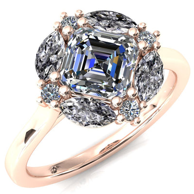 Jace Asscher Center with Colored Stone Marquise & Round Floating Cluster Halo Royale Ring