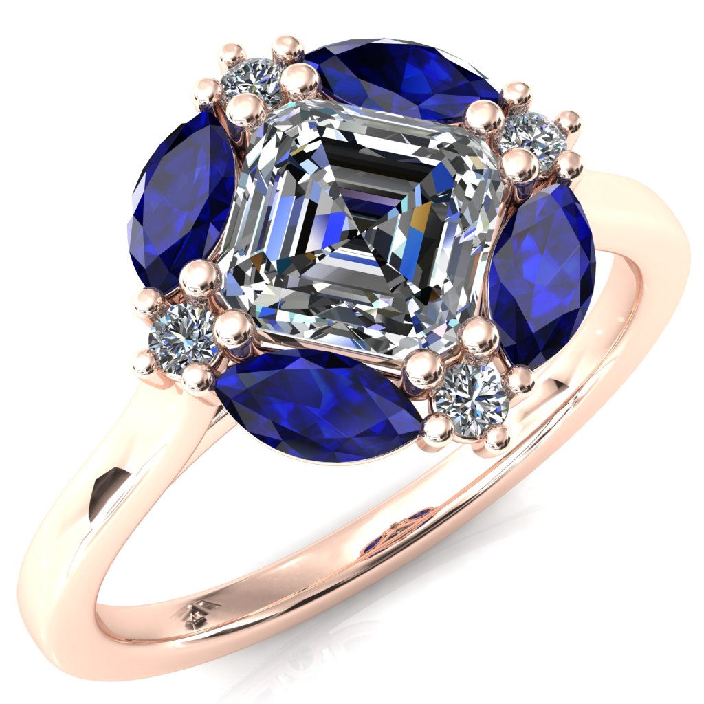 Jace Asscher Center with Colored Stone Marquise & Round Floating Cluster Halo Royale Ring