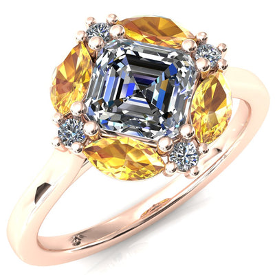 Jace Asscher Center with Colored Stone Marquise & Round Floating Cluster Halo Royale Ring