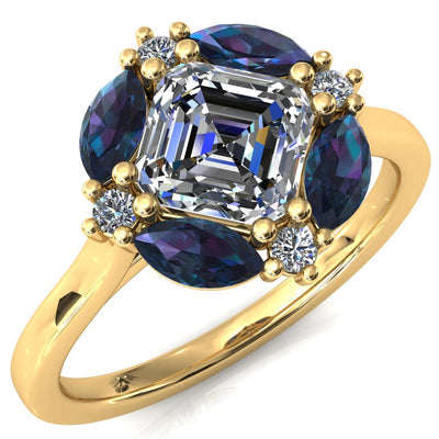 Jace Asscher Center with Colored Stone Marquise & Round Floating Cluster Halo Royale Ring