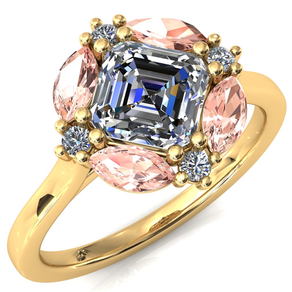 Jace Asscher Center with Colored Stone Marquise & Round Floating Cluster Halo Royale Ring