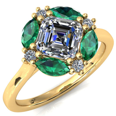 Jace Asscher Center with Colored Stone Marquise & Round Floating Cluster Halo Royale Ring