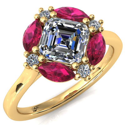 Jace Asscher Center with Colored Stone Marquise & Round Floating Cluster Halo Royale Ring