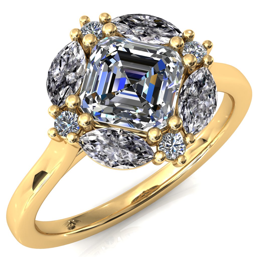 Jace Asscher Center with Colored Stone Marquise & Round Floating Cluster Halo Royale Ring