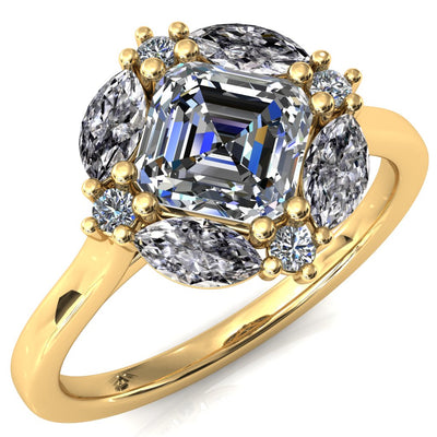 Jace Asscher Center with Colored Stone Marquise & Round Floating Cluster Halo Royale Ring