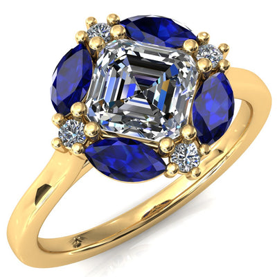 Jace Asscher Center with Colored Stone Marquise & Round Floating Cluster Halo Royale Ring