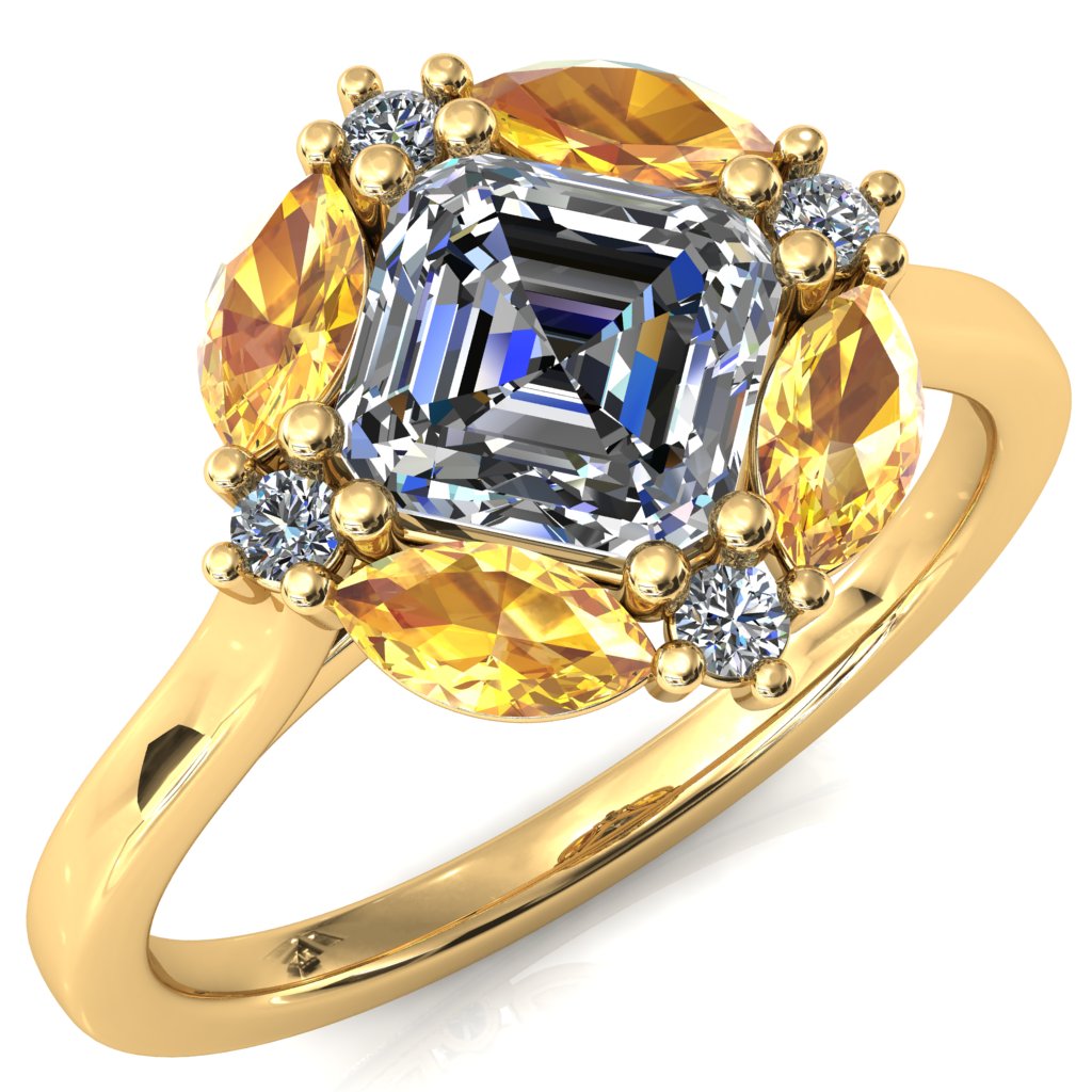 Jace Asscher Center with Colored Stone Marquise & Round Floating Cluster Halo Royale Ring