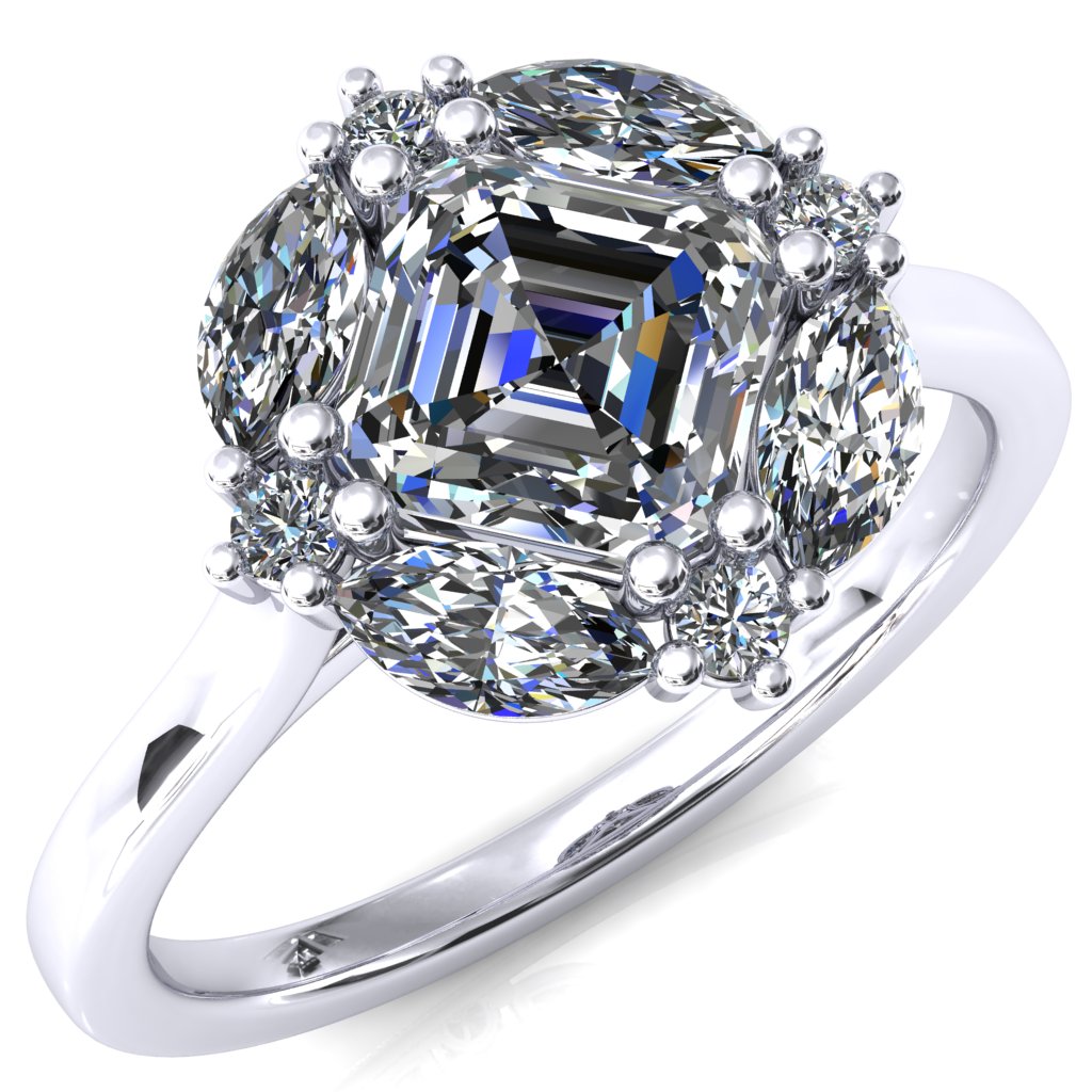 Jace Asscher Center with Marquise & Round Floating Cluster Lab DIamond Halo Royale Ring