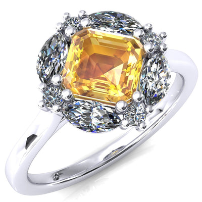 Jace Asscher Center with Marquise & Round Floating Cluster Lab DIamond Halo Royale Ring