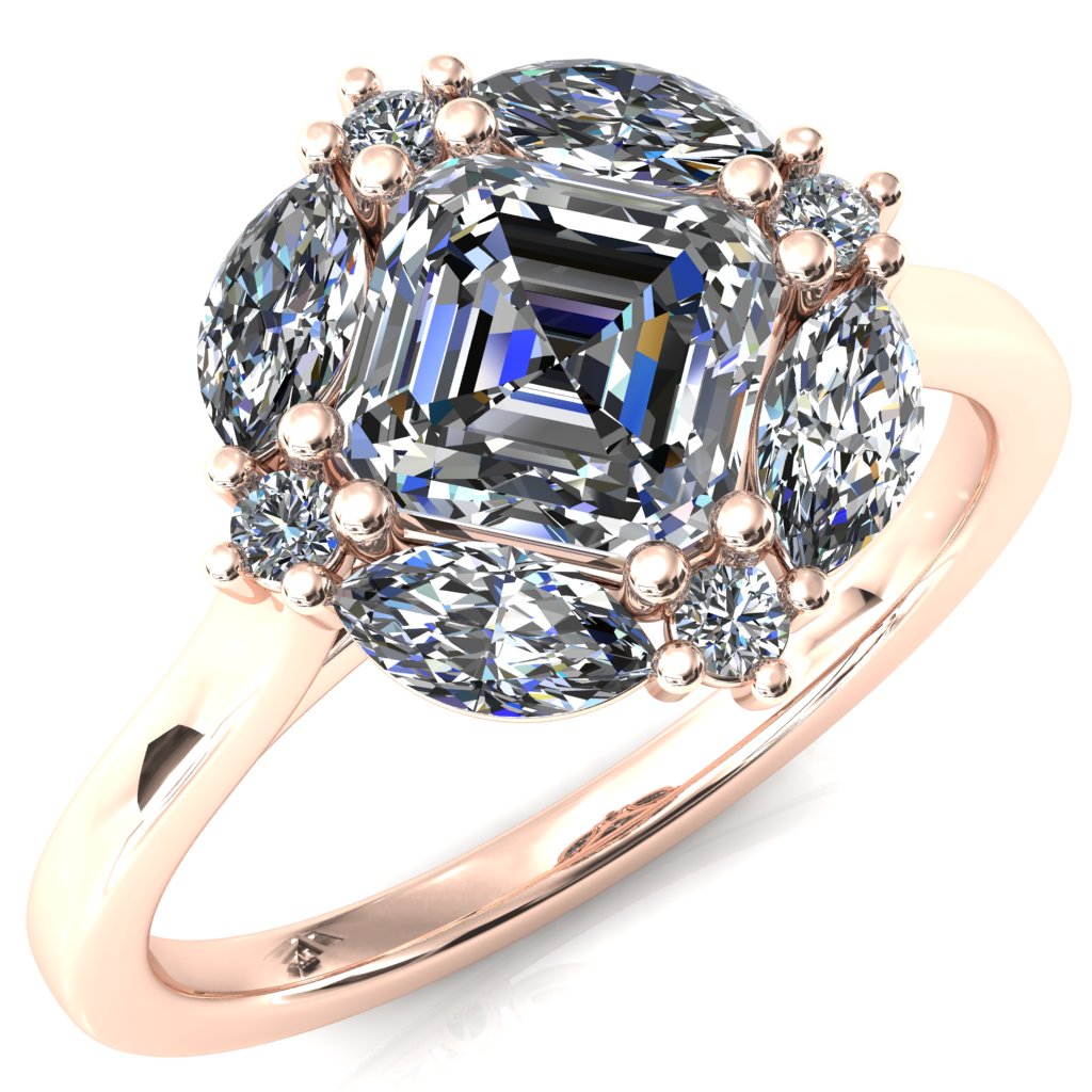 Jace Asscher Center with Marquise & Round Floating Cluster Lab DIamond Halo Royale Ring