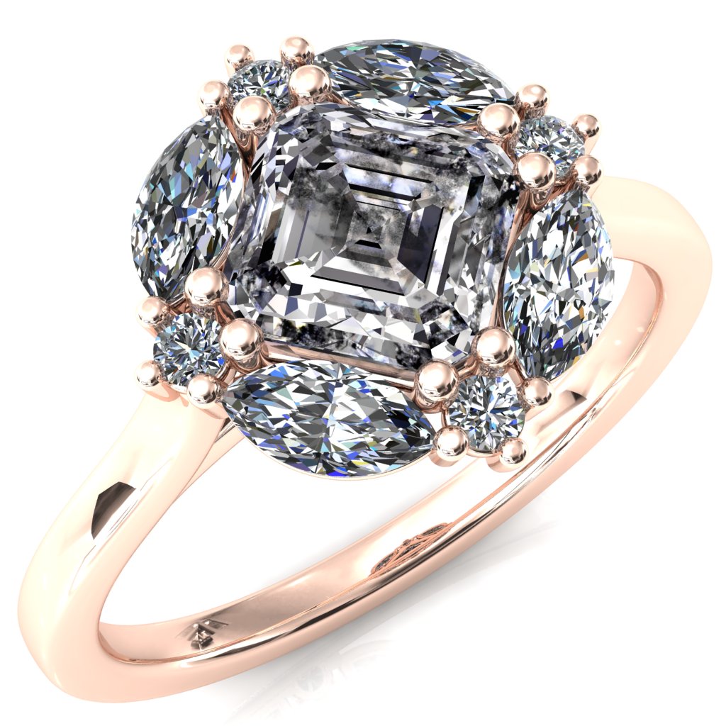 Jace Asscher Center with Marquise & Round Floating Cluster Lab DIamond Halo Royale Ring