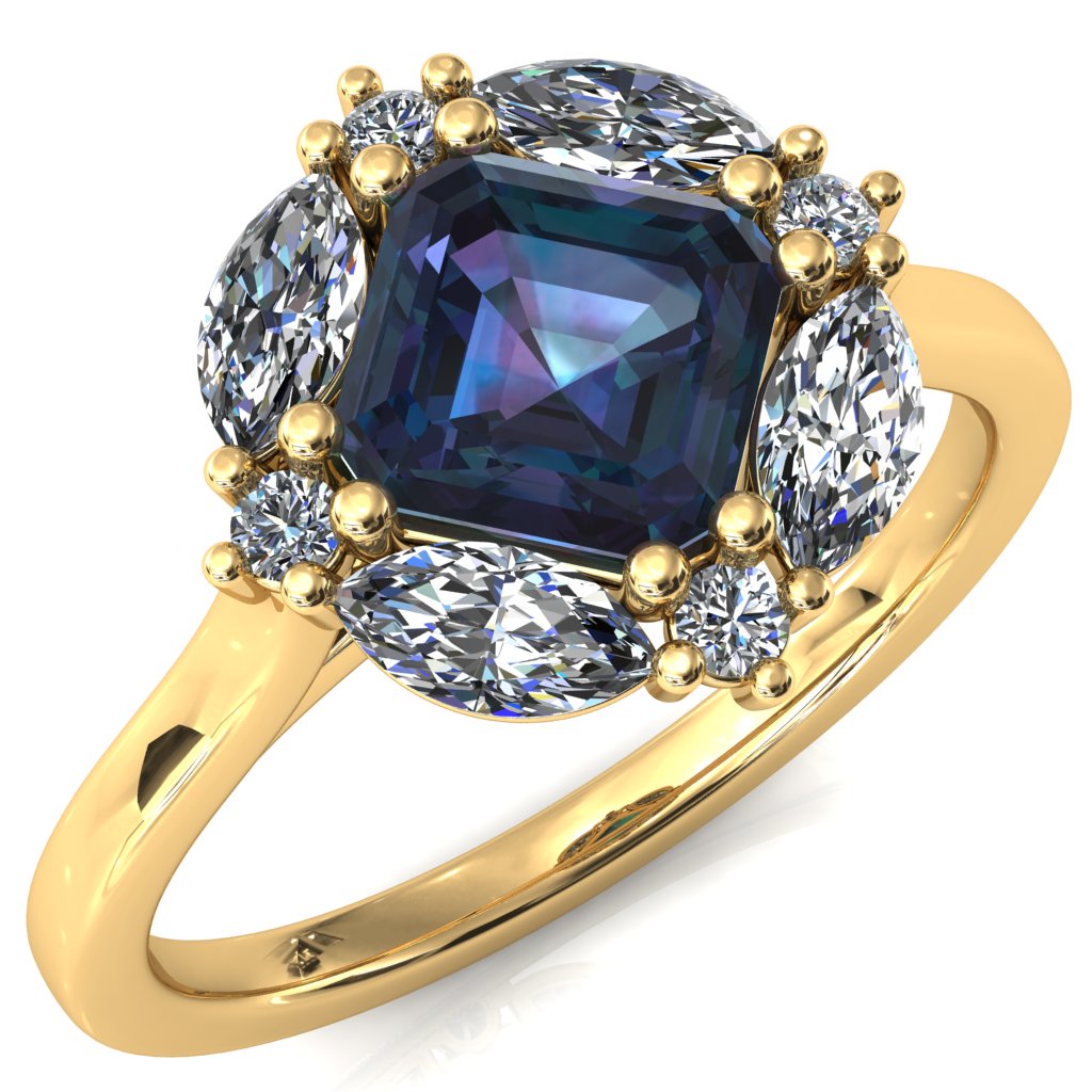 Jace Asscher Center with Marquise & Round Floating Cluster Lab DIamond Halo Royale Ring